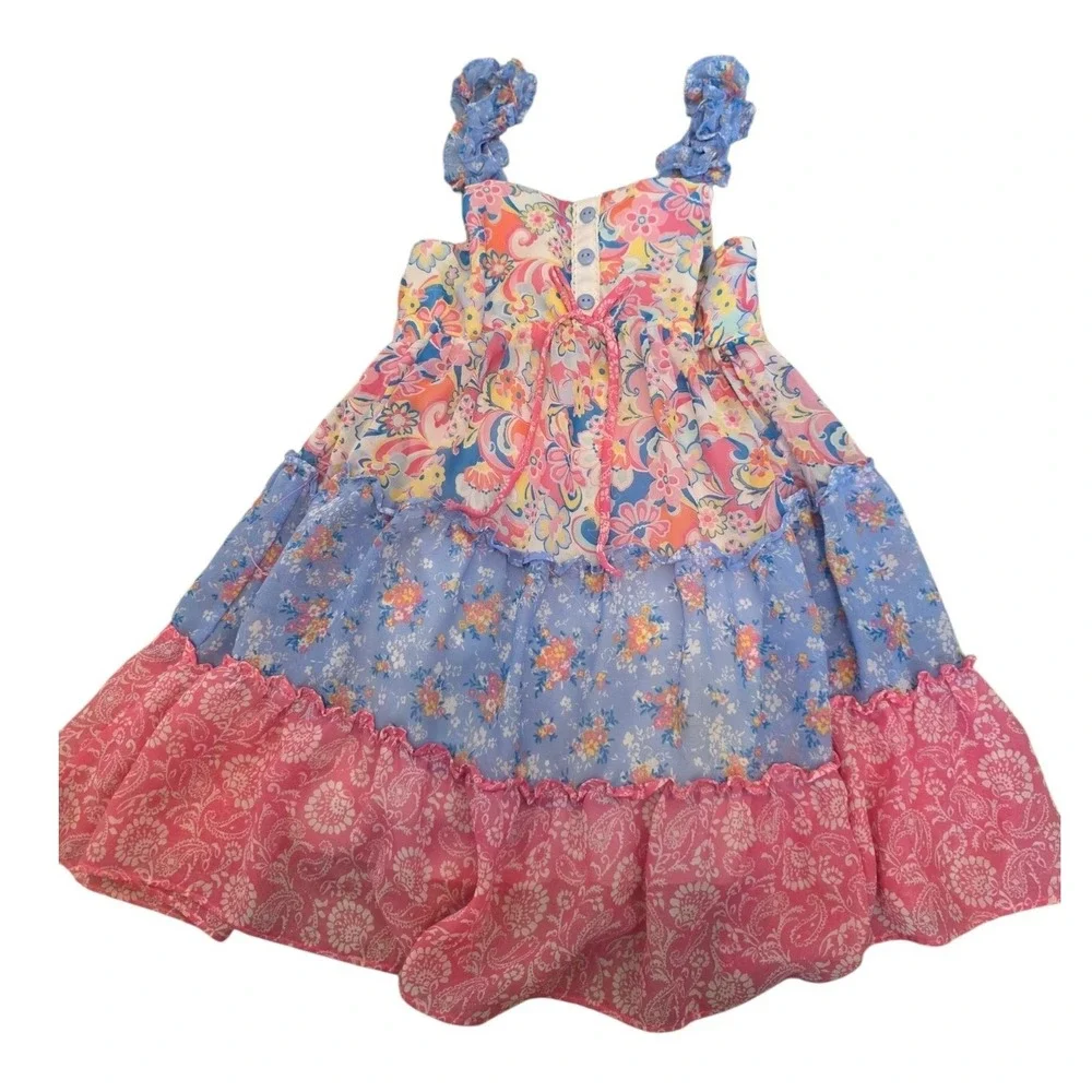 Jona Michelle Girls Tiered Floral Paisley Ruffle Dress Pink‎ Blue Size 7